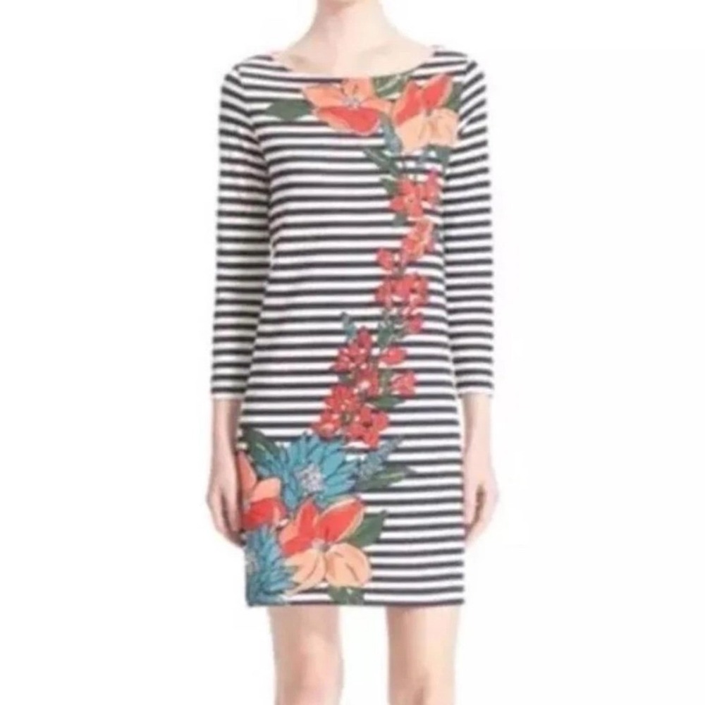 Tory Burch Floral Stripe Dress Women's Medium Pima Cotton Black White 3/4 Sleeve